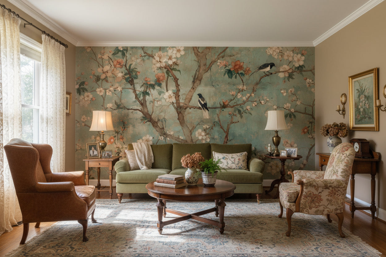 Vintage Birds Wallpaper Teal Floral Wall Mural