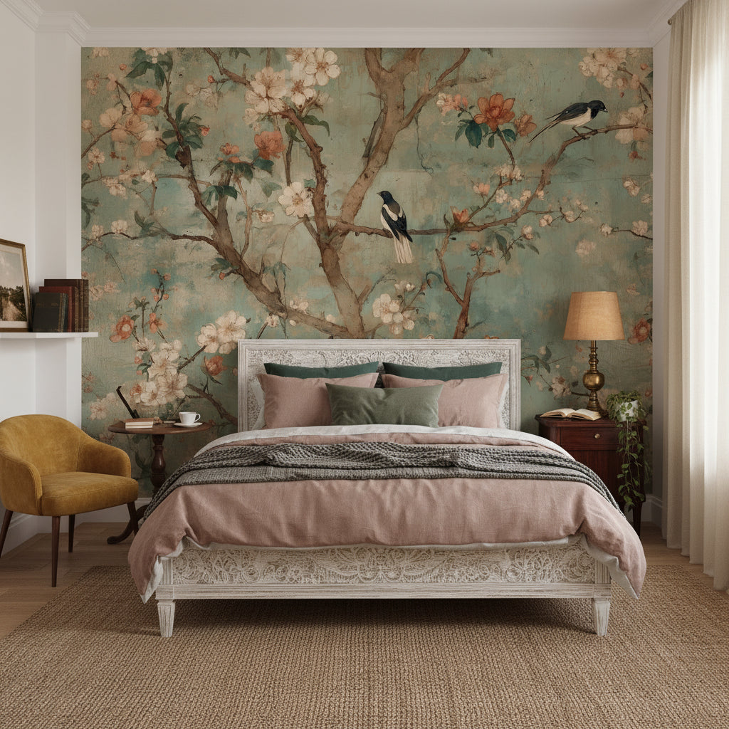 Vintage Birds Wallpaper Teal Floral Wall Mural
