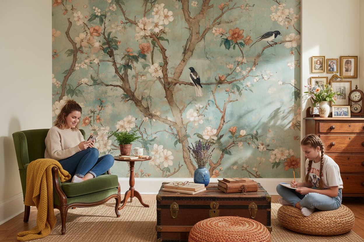 Vintage Birds Wallpaper Teal Floral Wall Mural