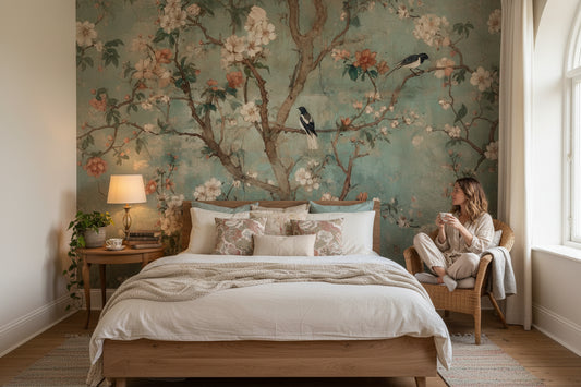 Vintage Birds Wallpaper Teal Floral Wall Mural