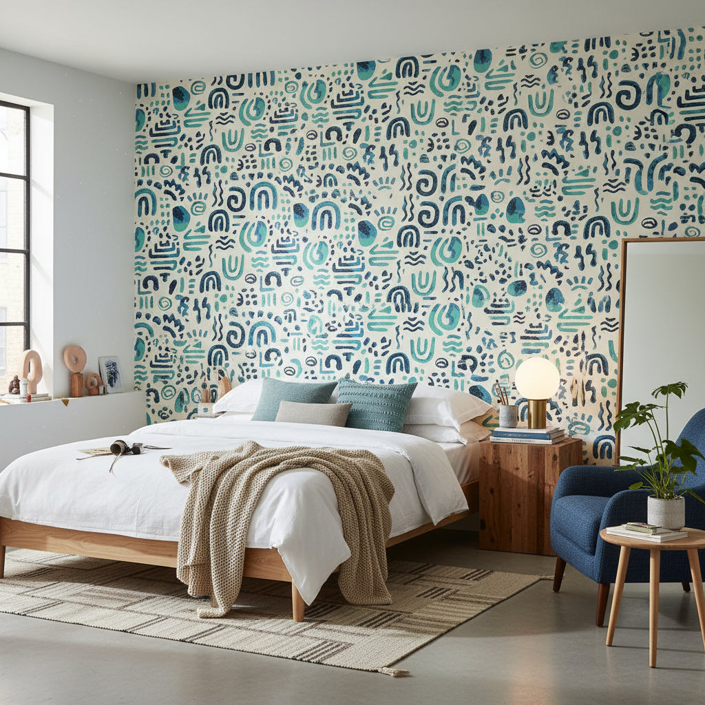 Cream and Blue Abstract Geometric Wallpaper