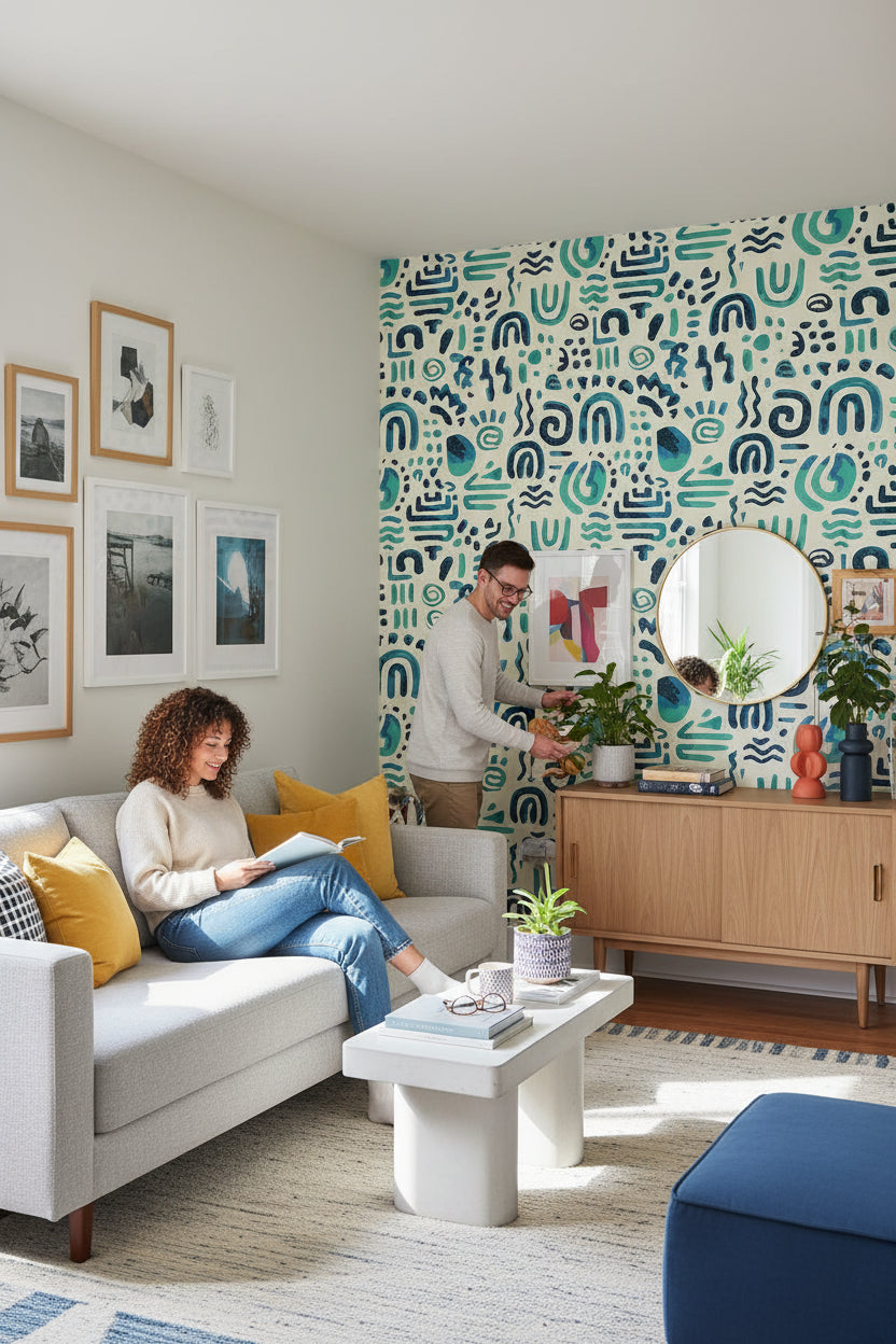 Cream and Blue Abstract Geometric Wallpaper