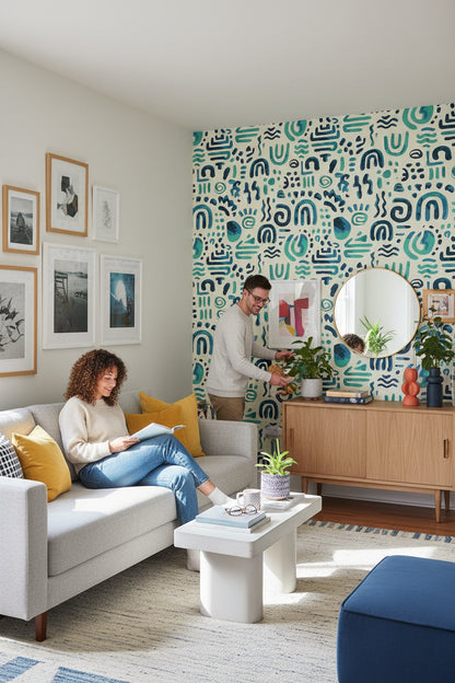 Cream and Blue Abstract Geometric Wallpaper