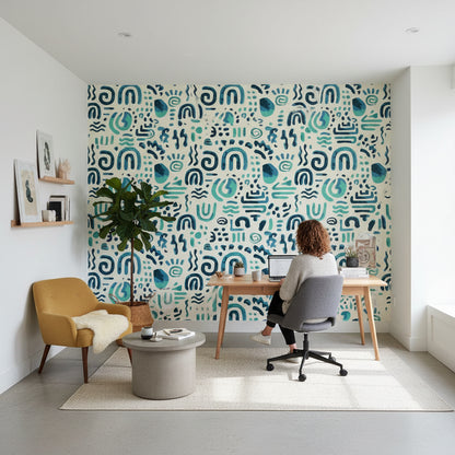 Cream and Blue Abstract Geometric Wallpaper
