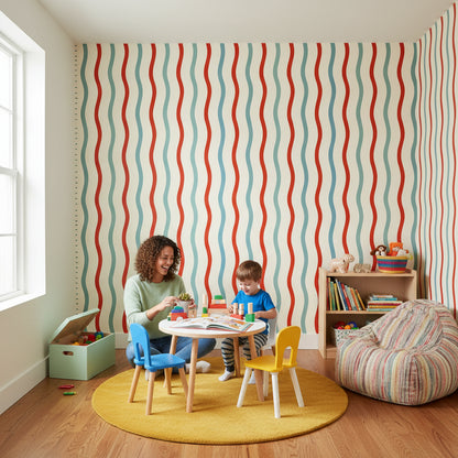 Cream Multicolor Wavy Stripe Kids Wallpaper