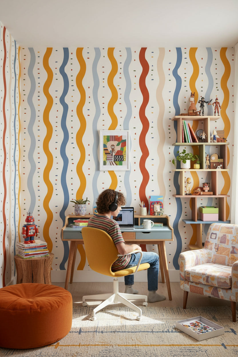 Multicolor Wavy Line Geometric Wallpaper