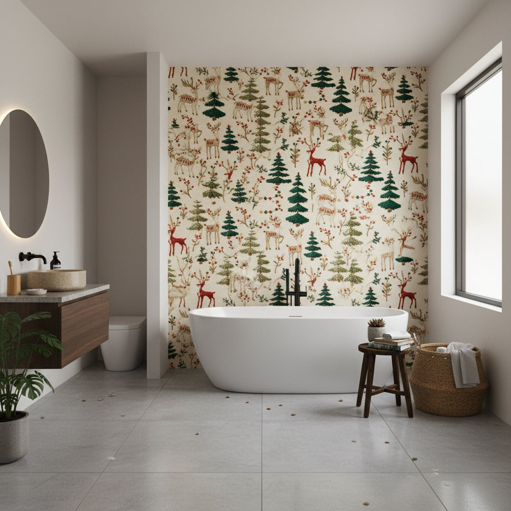 Beige Forest Deer Pattern Wallpaper