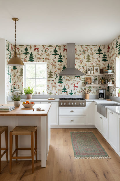 Beige Forest Deer Pattern Wallpaper