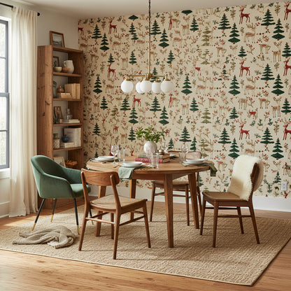 Beige Forest Deer Pattern Wallpaper