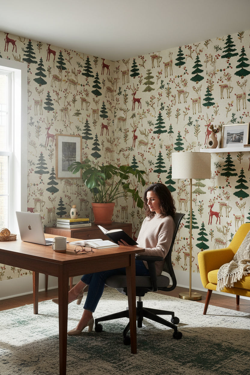 Reindeer Wallpaper Trees Holiday Decorative Mural