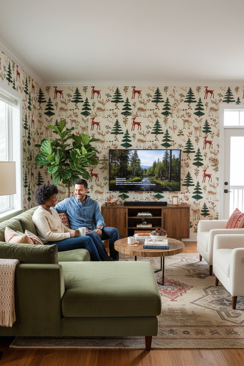 Reindeer Wallpaper Trees Holiday Decorative Mural