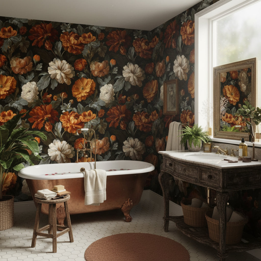 Dark Charcoal and Amber Large Floral Wallpaper