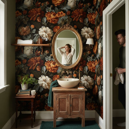 Dark Charcoal and Amber Large Floral Wallpaper