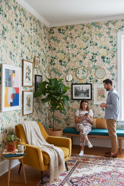 Cream and Green Wildflower Botanical Wallpaper