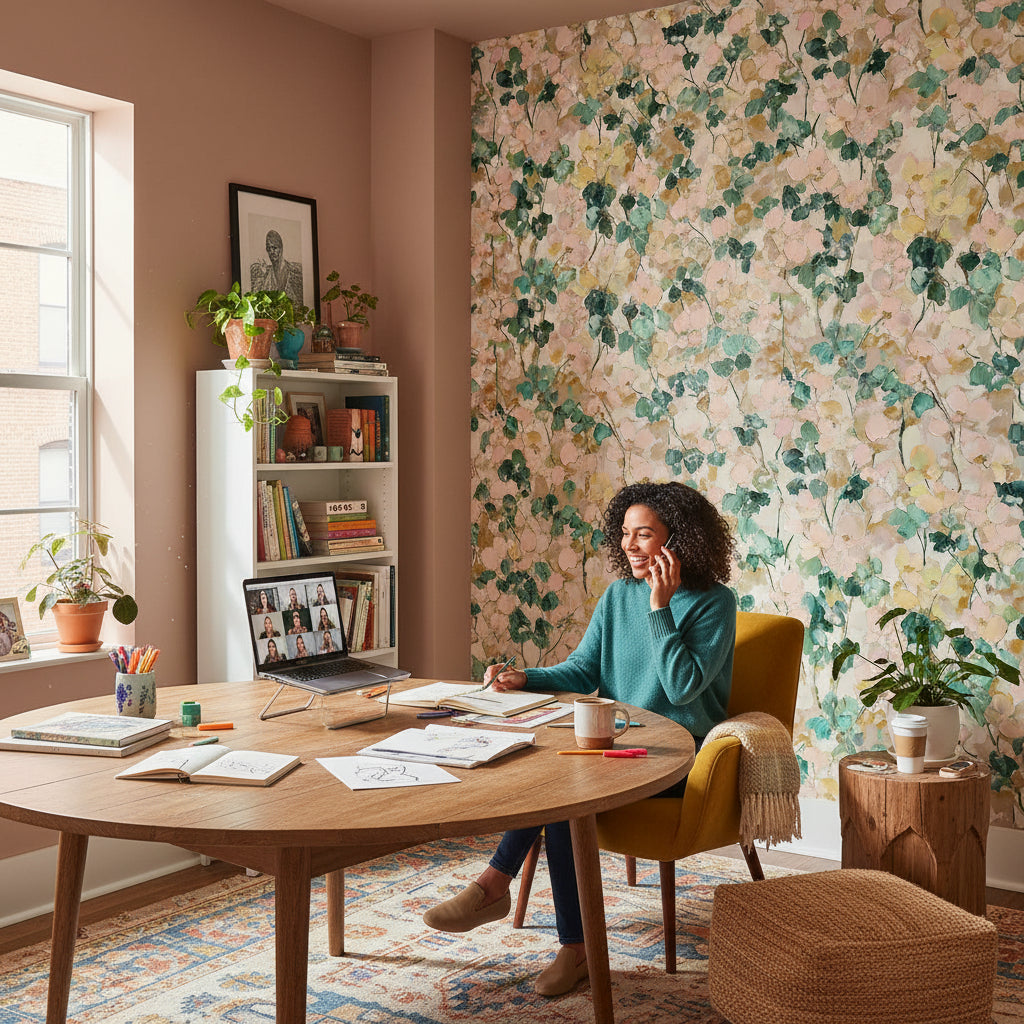 Cream and Green Wildflower Botanical Wallpaper