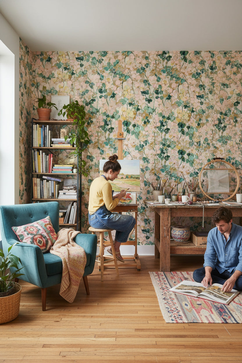 Cream and Green Wildflower Botanical Wallpaper