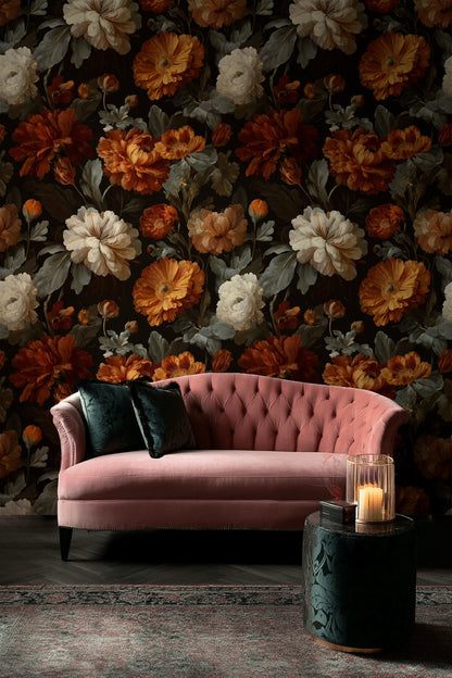 Dark Charcoal and Amber Large Floral Wallpaper
