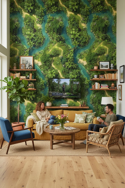 Vibrant Green Jungle River Landscape Wallpaper