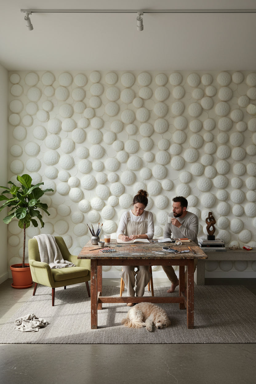Cream Textured 3D Circle Wallpaper