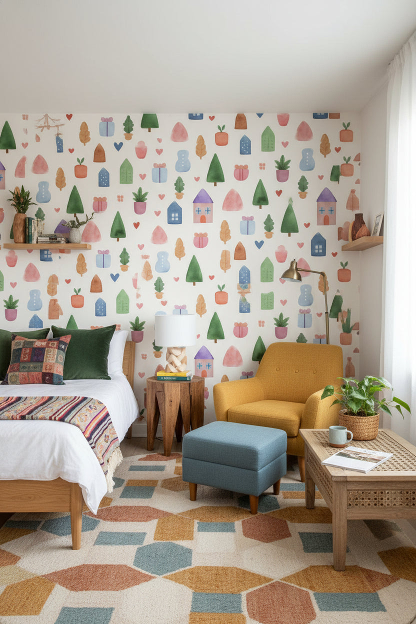 Whimsical Multicolor Kids Village Wallpaper