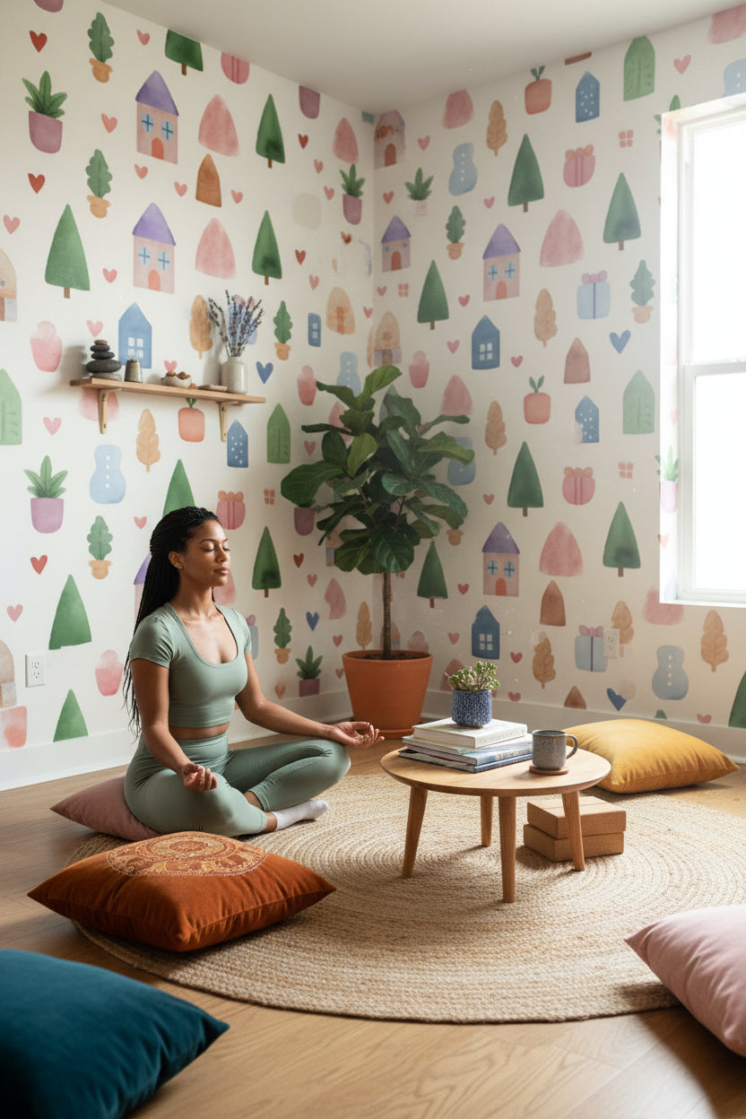 Whimsical Multicolor Kids Village Wallpaper
