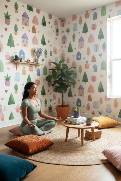 Whimsical Multicolor Kids Village Wallpaper