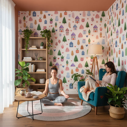 Whimsical Multicolor Kids Village Wallpaper