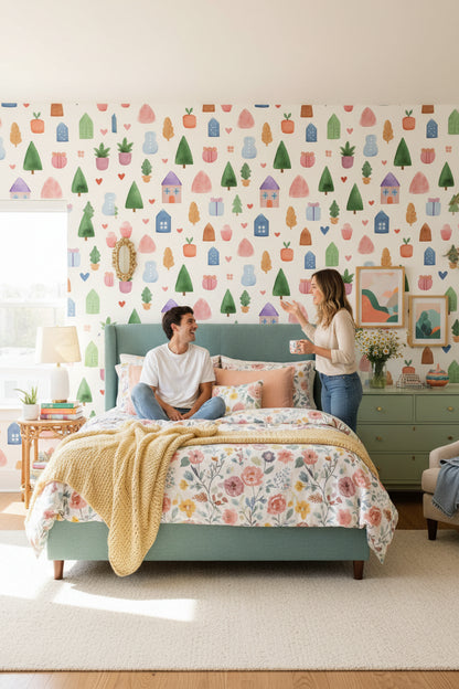 Whimsical Multicolor Kids Village Wallpaper