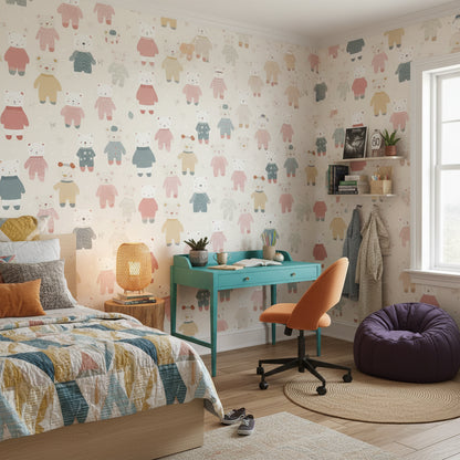 Cream Multicolor Teddy Bear Kids Wallpaper