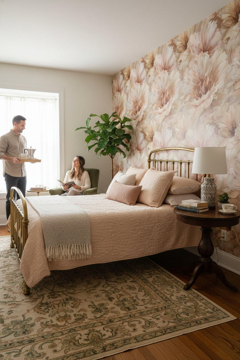 Floral Wallpaper Beige Elegant Removable Wall Decor