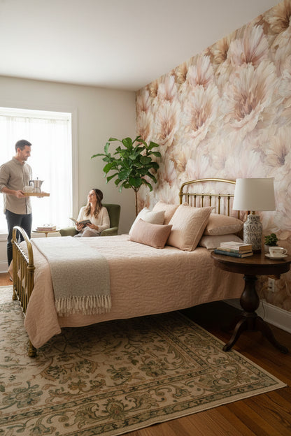 Blush Beige Oversized Floral Wallpaper