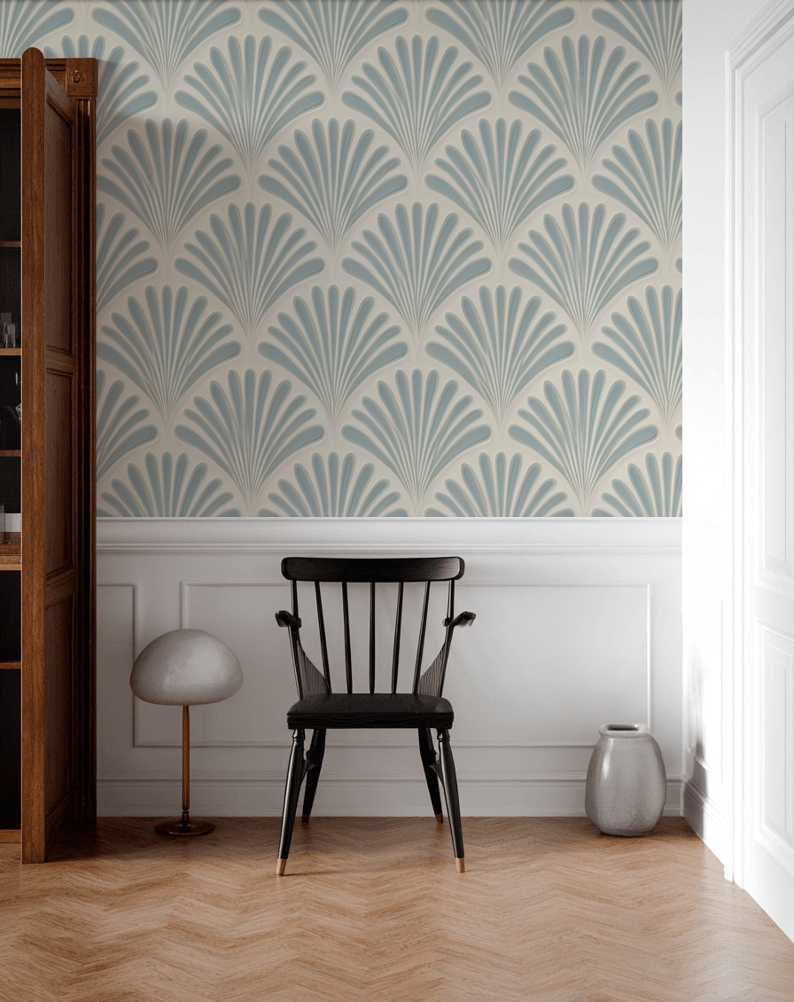 Beige and Blue Art Deco Geometric Wallpaper