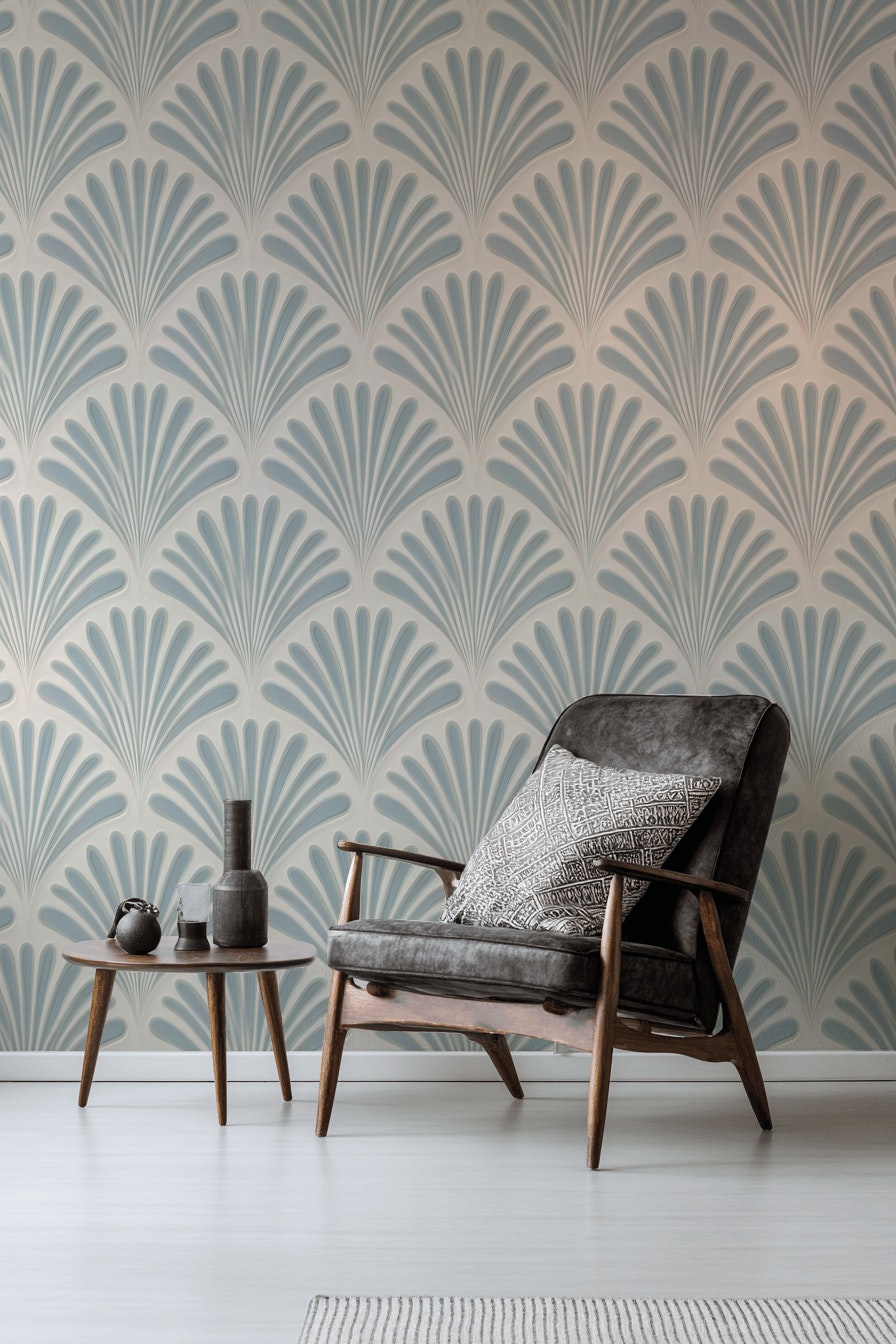 Beige and Blue Art Deco Geometric Wallpaper