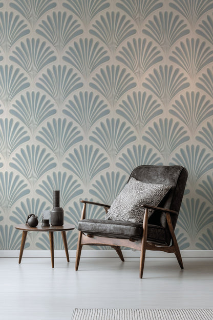 Beige and Blue Art Deco Geometric Wallpaper
