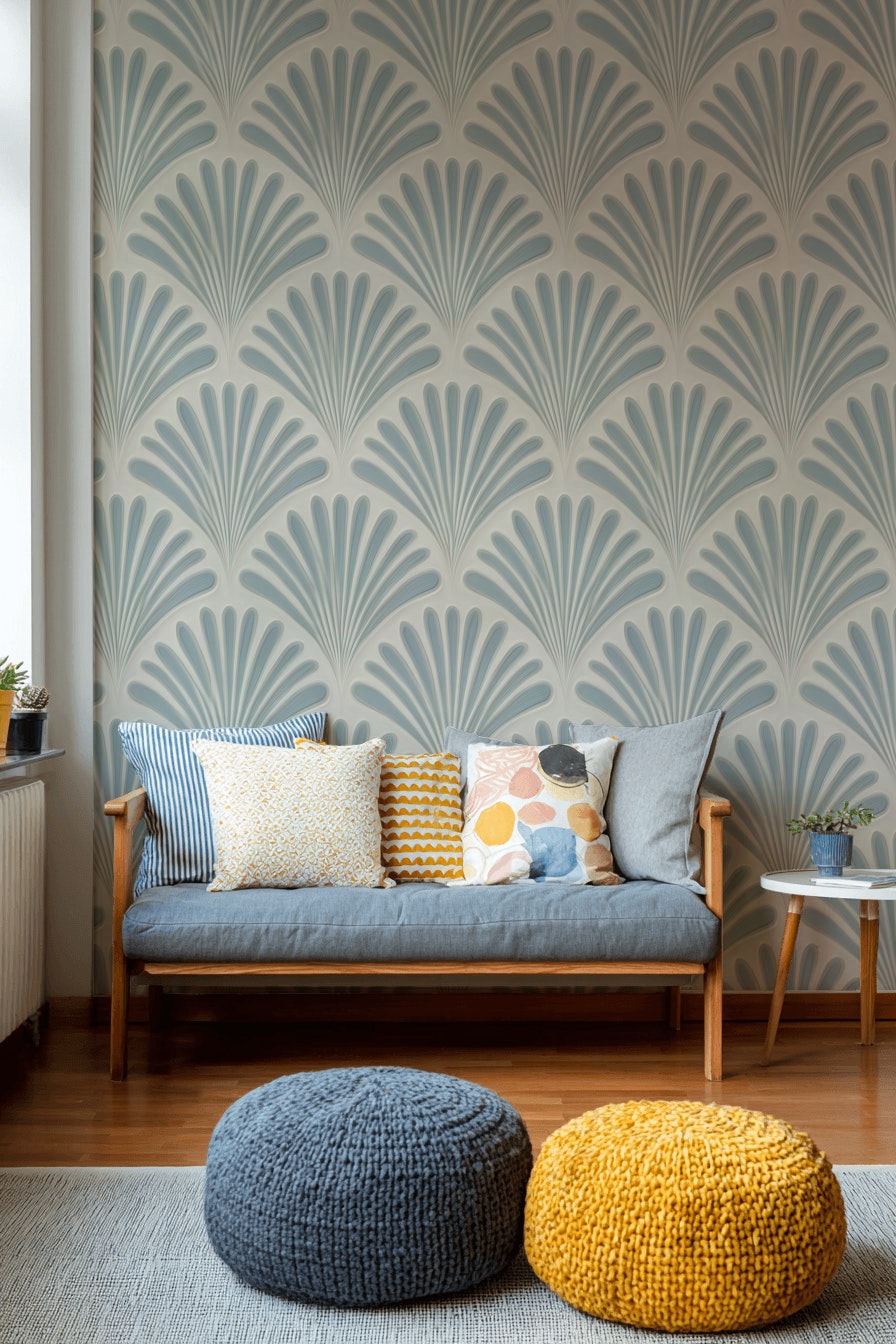 Beige and Blue Art Deco Geometric Wallpaper