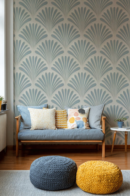 Beige and Blue Art Deco Geometric Wallpaper