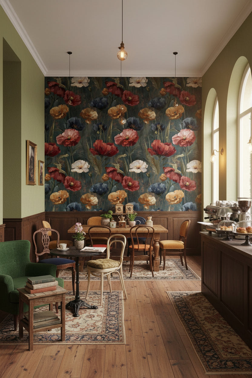 Floral Wallpaper Vintage Red Wall Mural