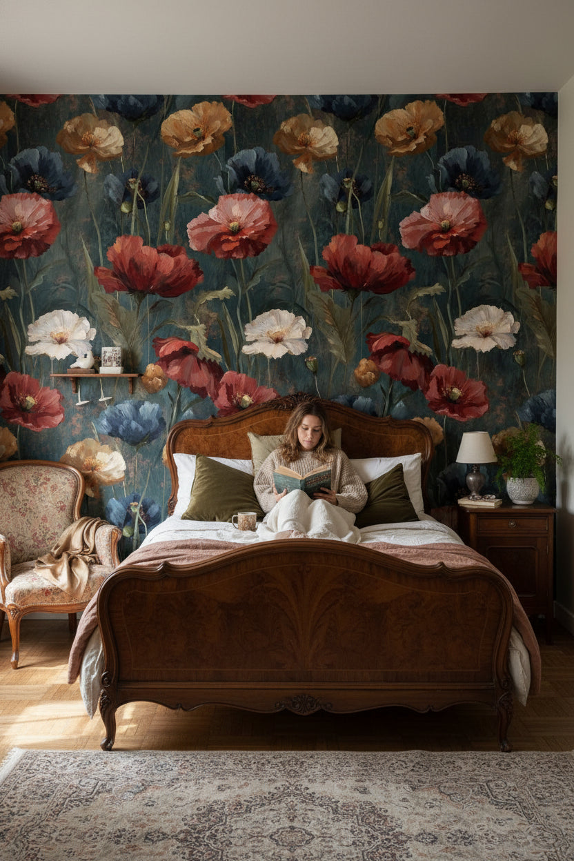 Floral Wallpaper Vintage Red Wall Mural