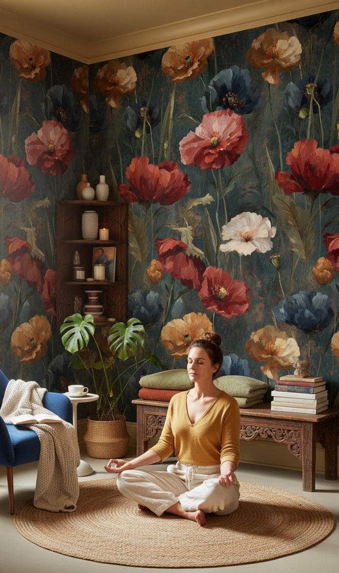 Floral Wallpaper Vintage Red Wall Mural