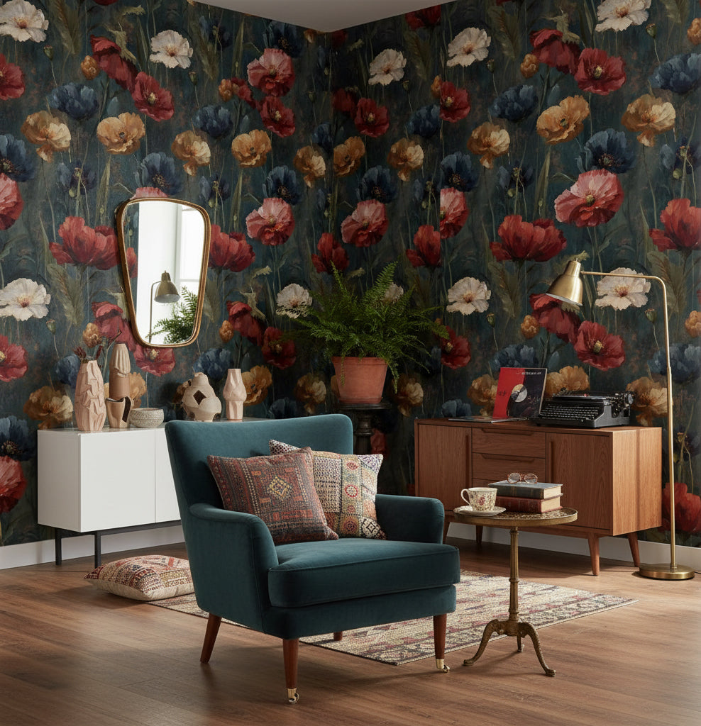 Floral Wallpaper Vintage Red Wall Mural