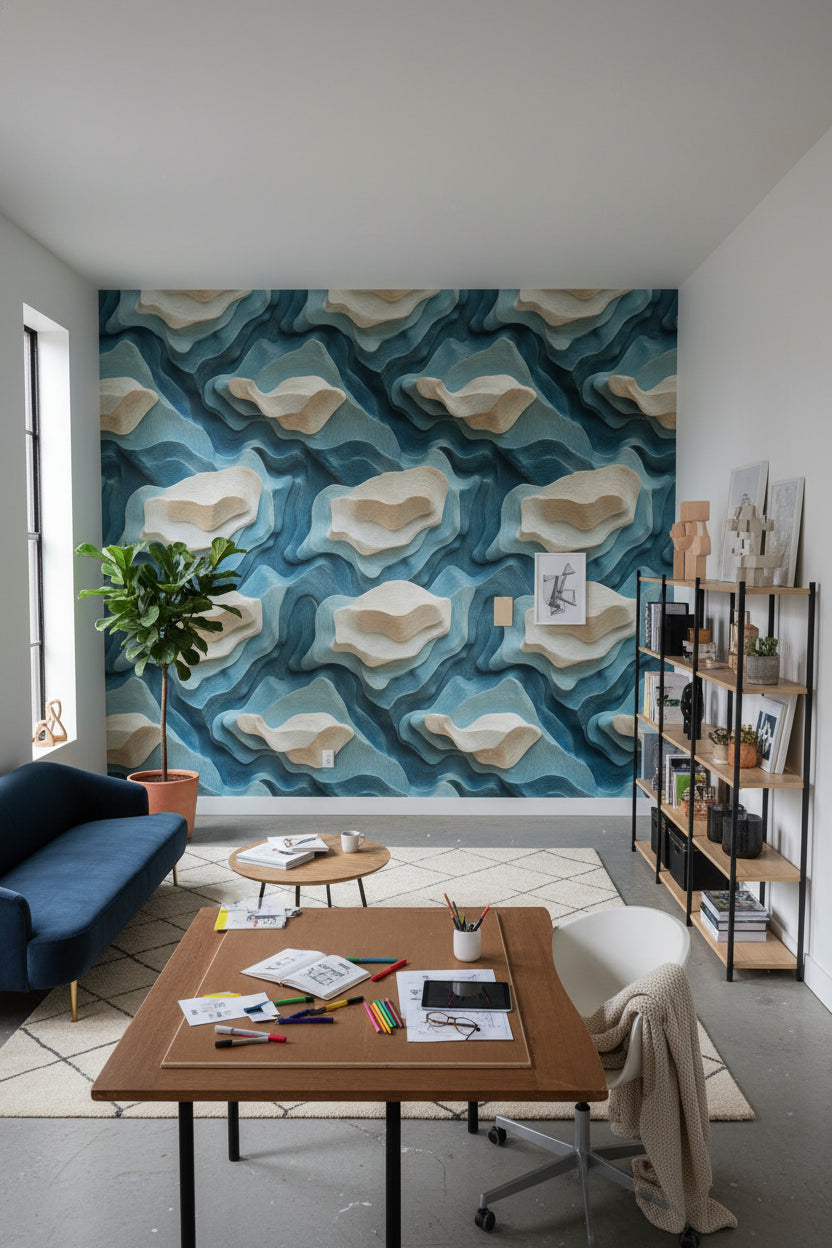 Layered Blue and Beige Abstract Pattern Wallpaper