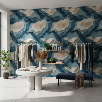 Layered Blue and Beige Abstract Pattern Wallpaper