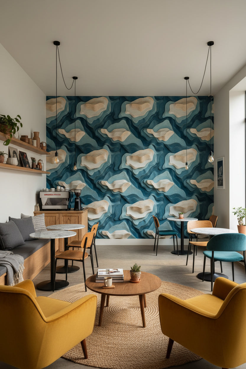 Layered Blue and Beige Abstract Pattern Wallpaper