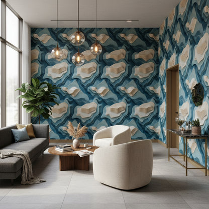 Layered Blue and Beige Abstract Pattern Wallpaper