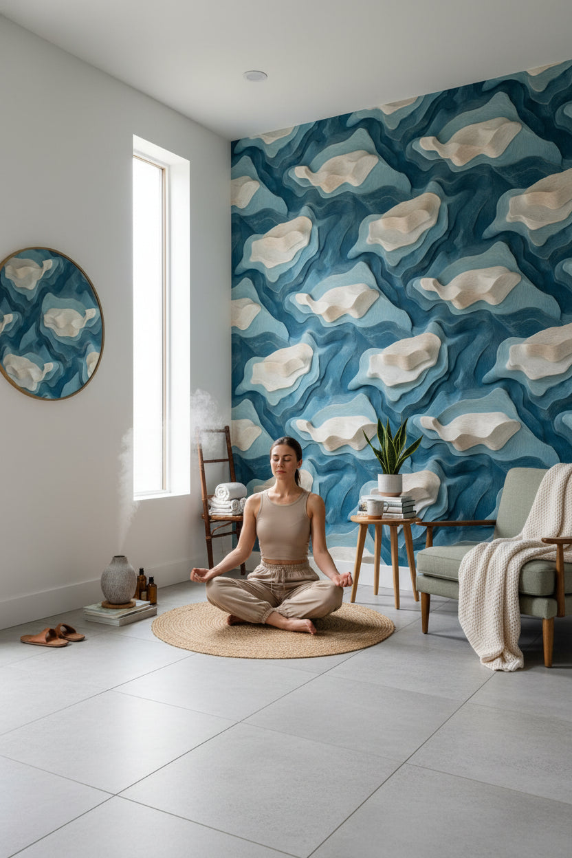 Layered Blue and Beige Abstract Pattern Wallpaper