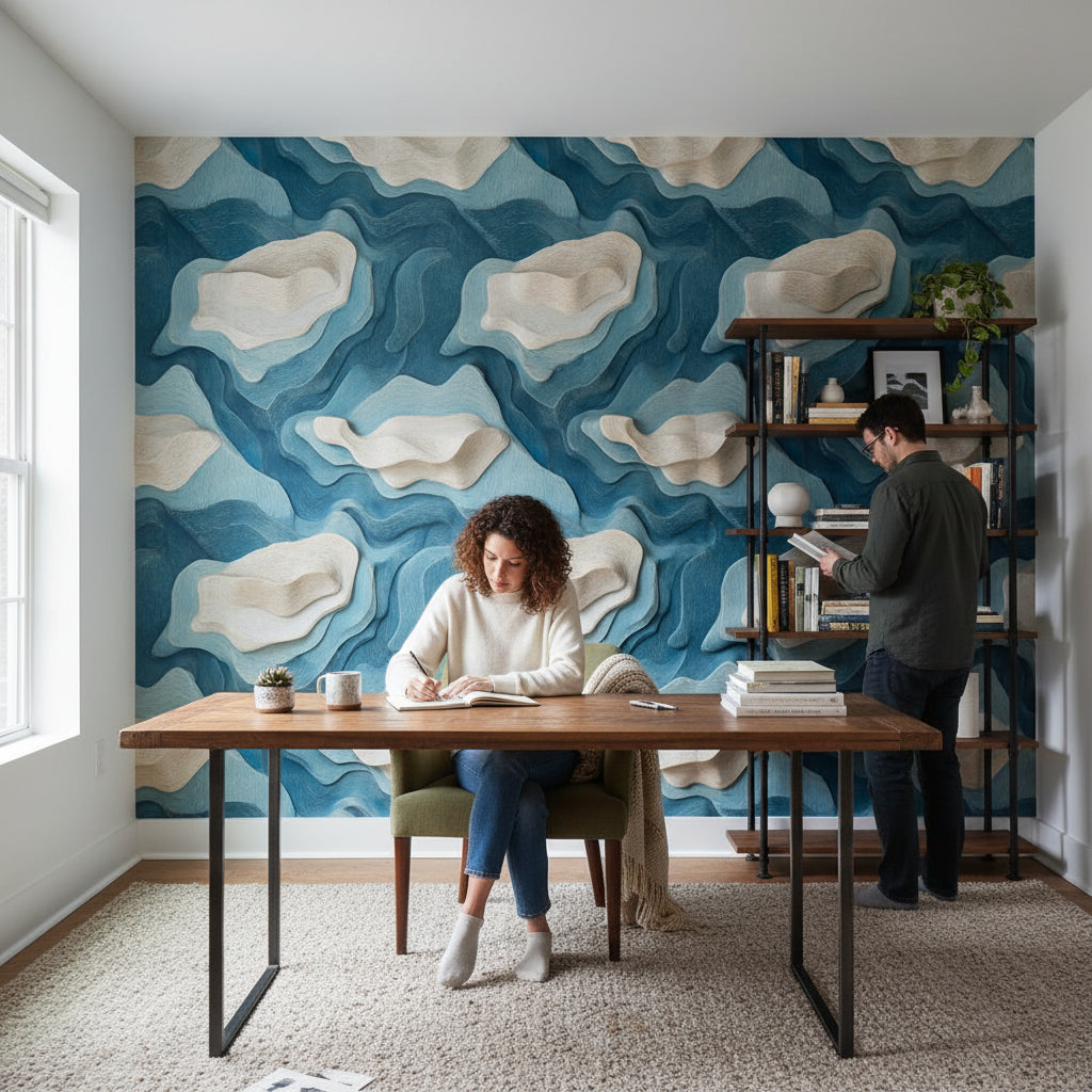Layered Blue and Beige Abstract Pattern Wallpaper