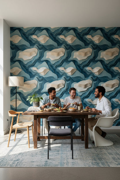 Layered Blue and Beige Abstract Pattern Wallpaper