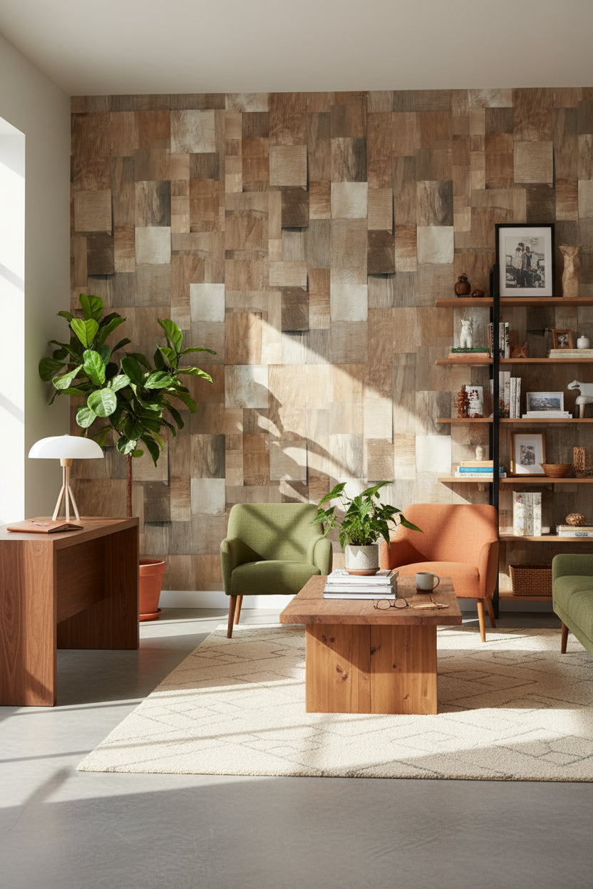 Warm Oak Textured Wood Panel Wallpaper