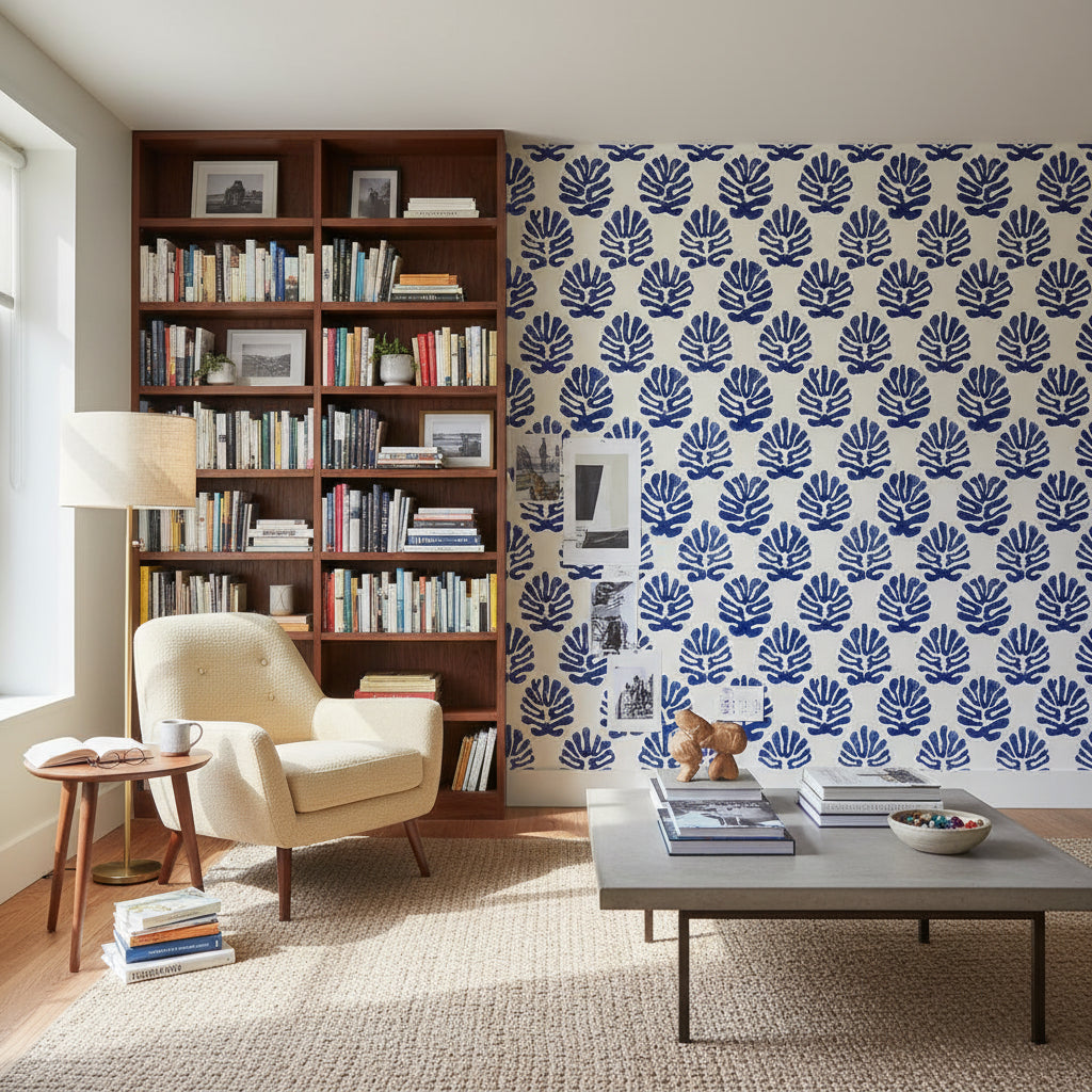 White and Blue Leaf Motif Botanical Wallpaper