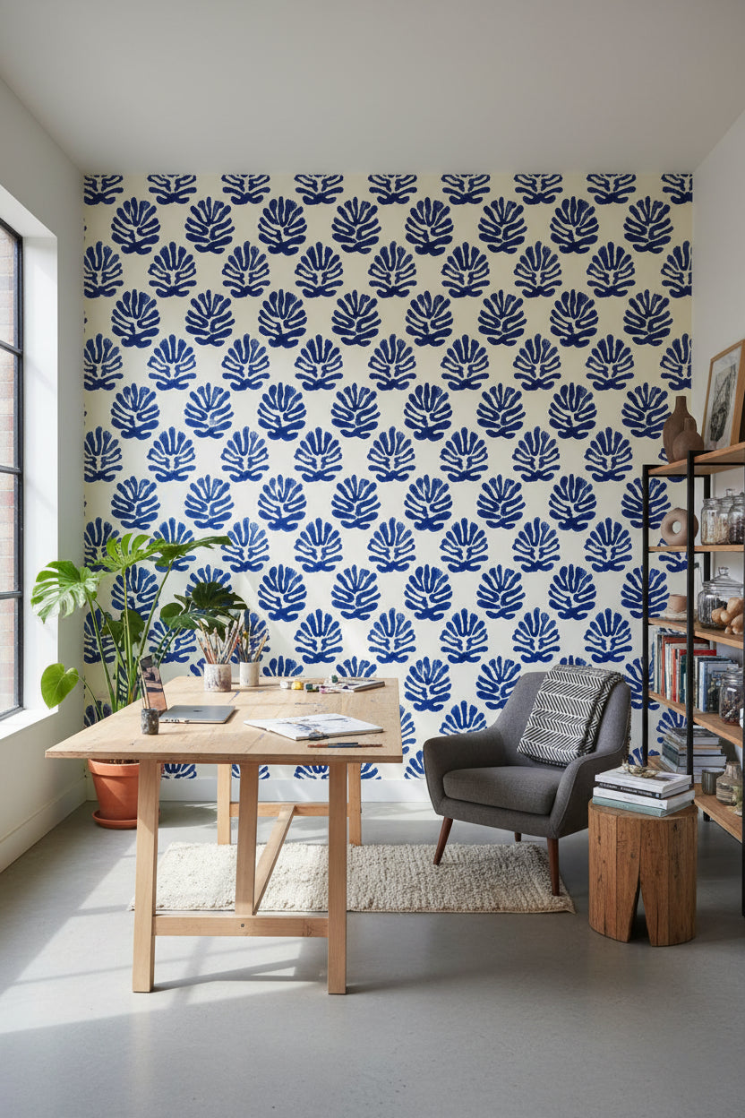 White and Blue Leaf Motif Botanical Wallpaper